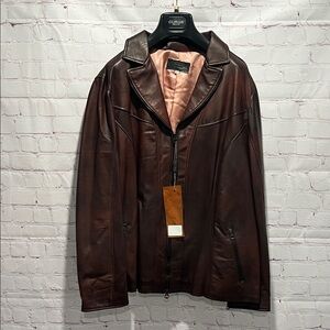 Italian Woman's Brown Leather‎ Zip Up Jacket Made by CURGÈ size 1X EU 52 NWT W19